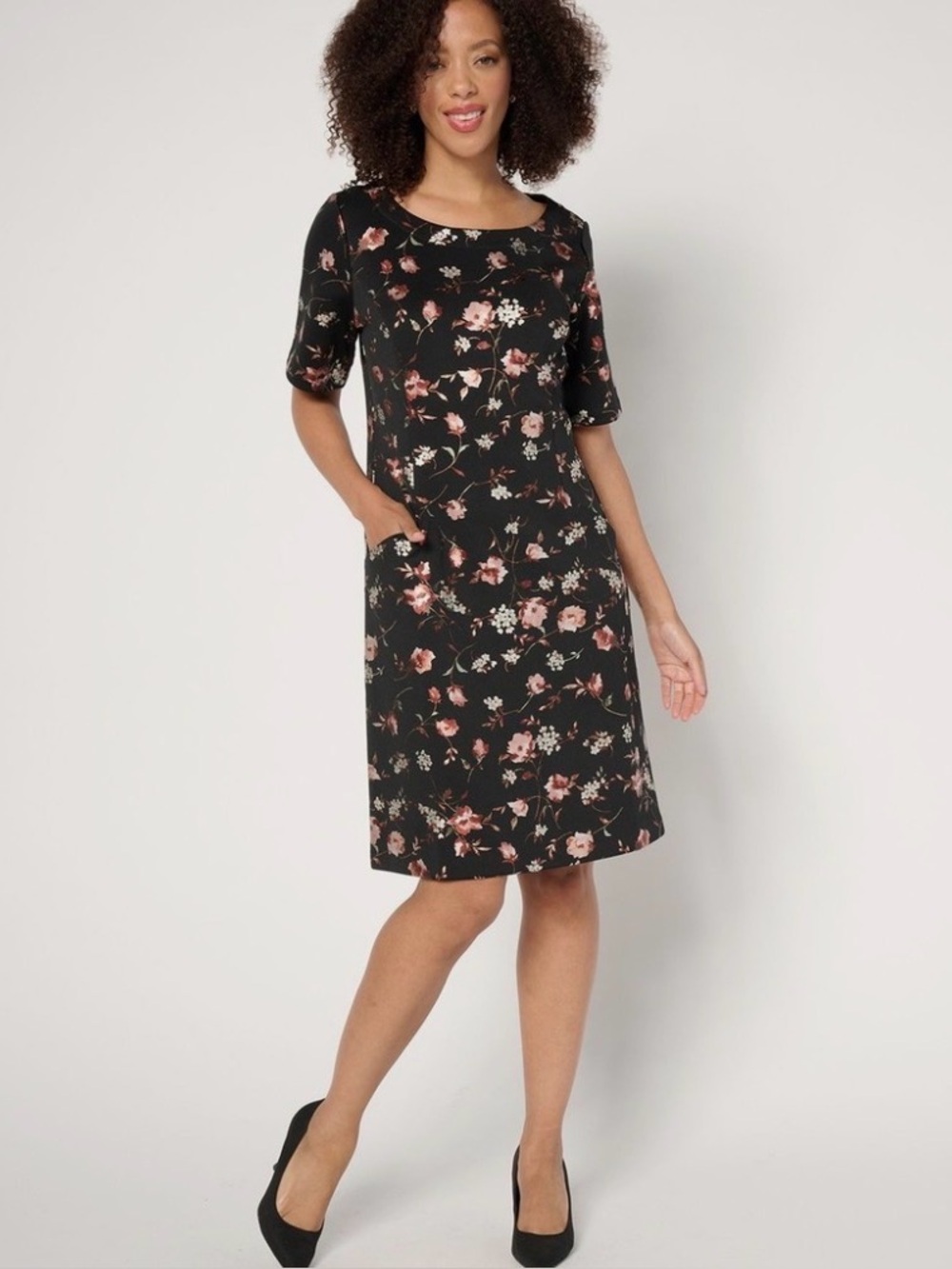 💚 2 for $45 Isaac Mizrahi Black Scuba Shift Dress Neutral Floral 2X Elbow Slv